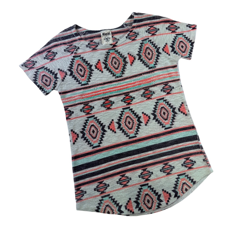Vocal Womens Southwestern Geometric Rhinestone Embellished Knit Top Large 311B7